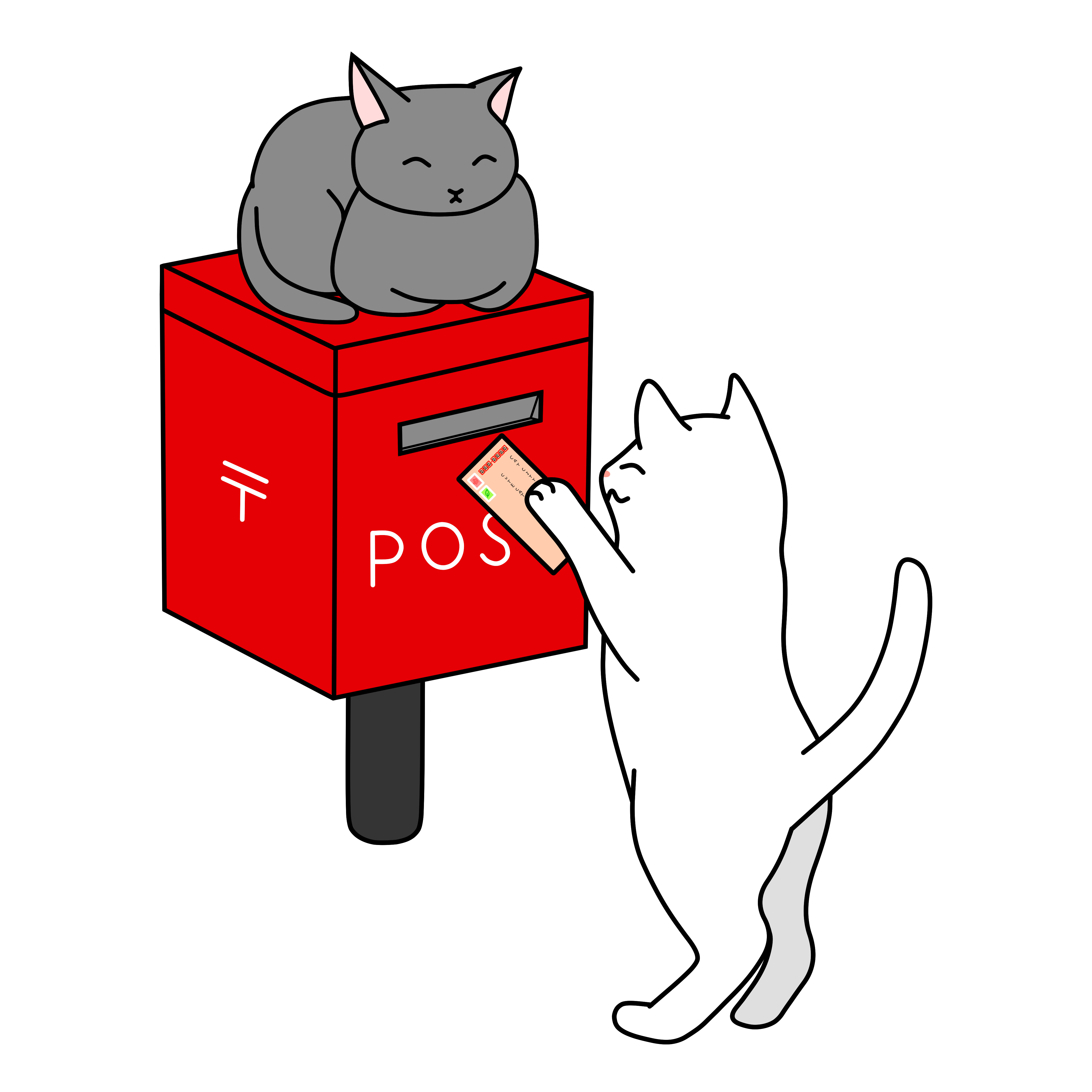 Illustration of a white cat mailing a letter into a red post box with the word 'POST' on it, while a gray cat is sitting on top of the post box.