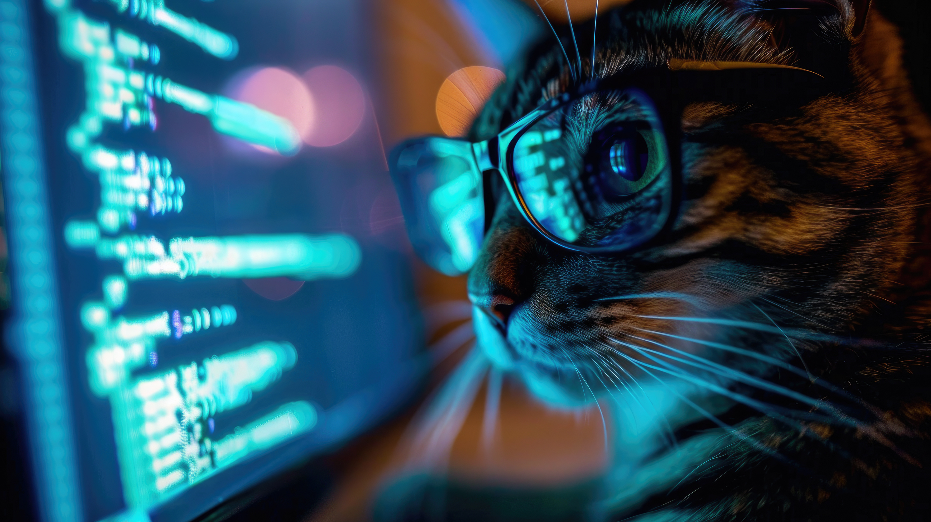 Hacker cat wearing glasses staring at a computer monitor with display reflecting off of the lenses