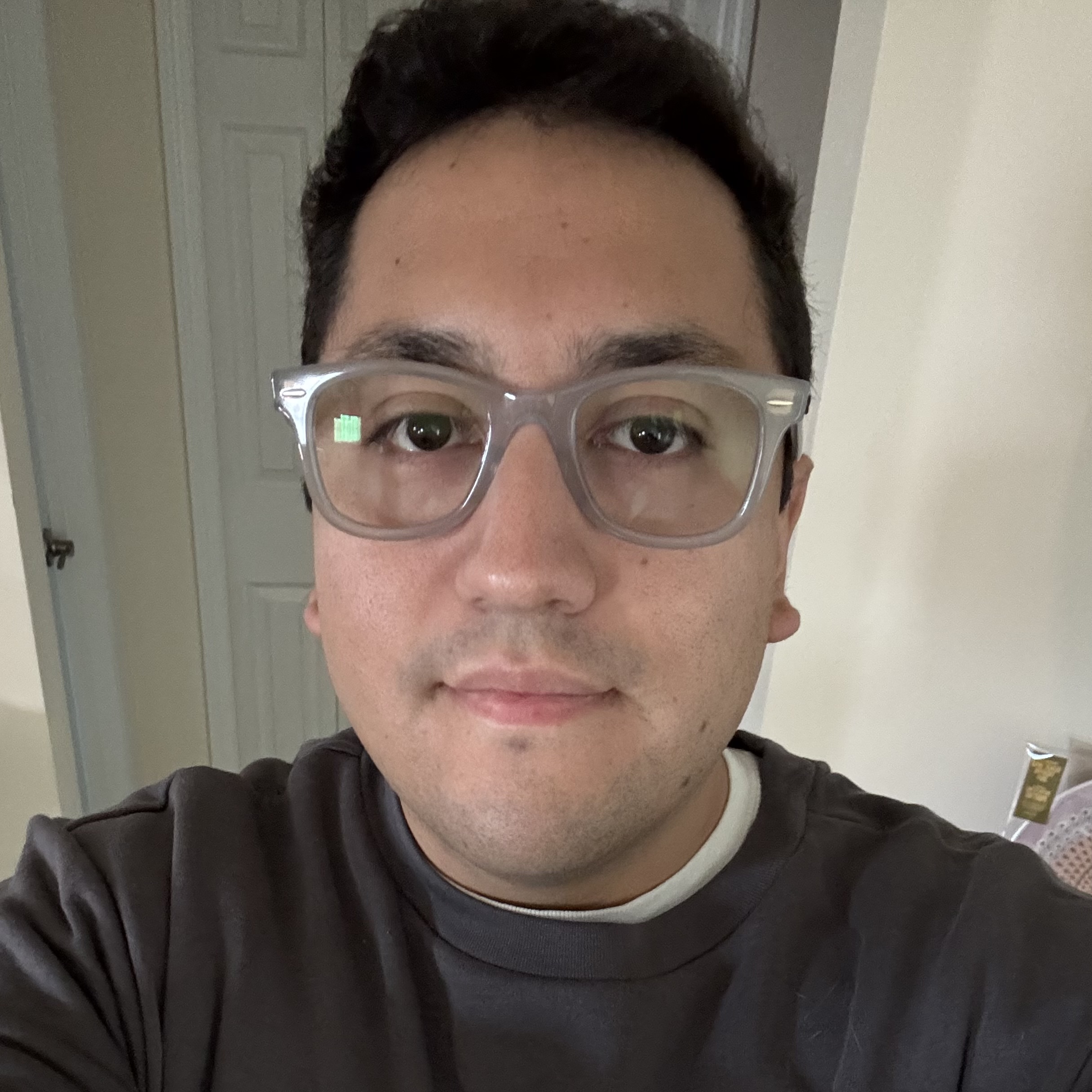 Picture of myself wearing a greay sweater and light grey eyeglasses