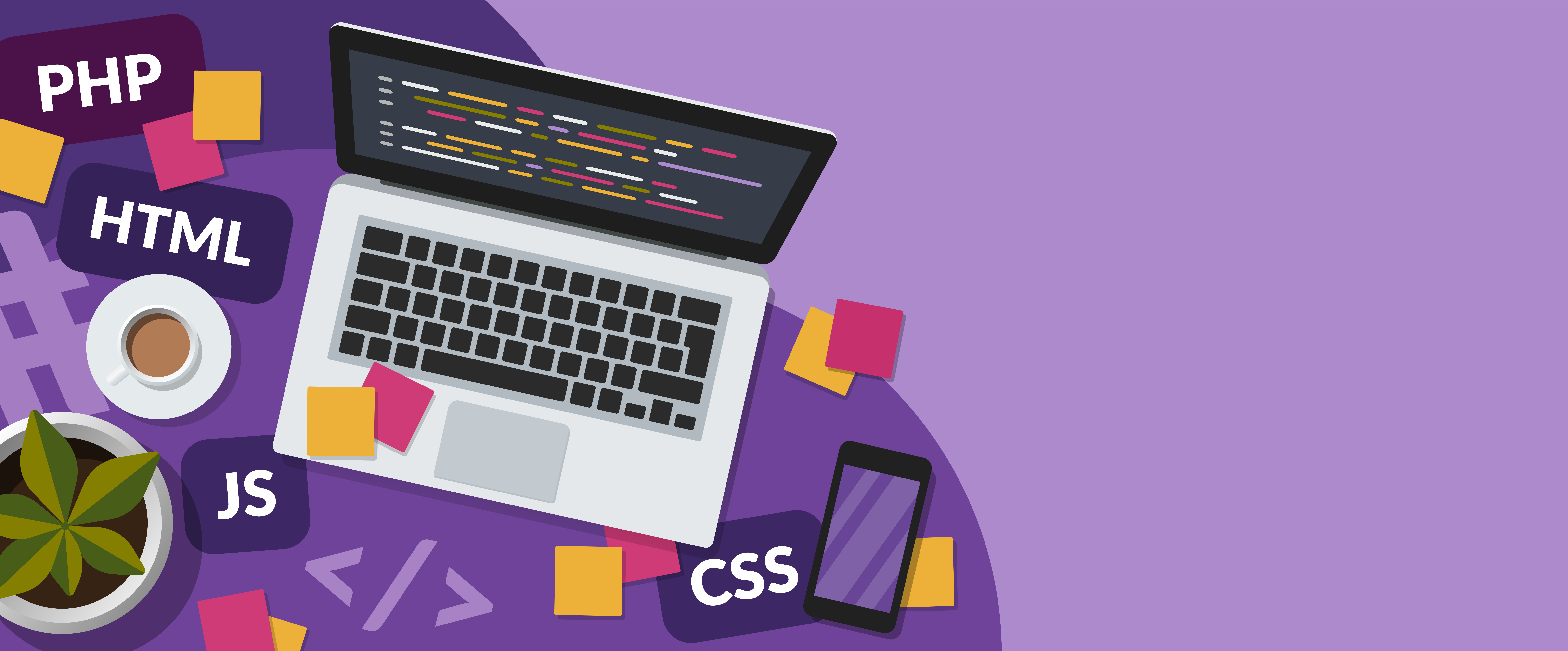 Illustration of a laptop with code on the screen, surrounded by sticky notes labeled PHP, HTML, JS, and CSS, a cup of coffee, a plant, and a smartphone, all on a purple background.